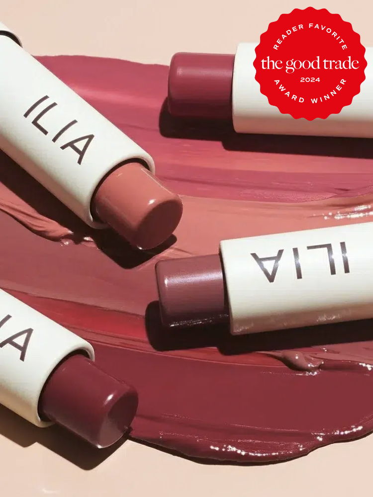 ILIA balmy lip tints in multiple colors and swatches. The TGT 2024 Award Winner Badge is on the right corner of the image. 