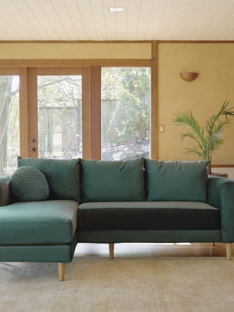 A sustainable velvelt green sofa from Sabai