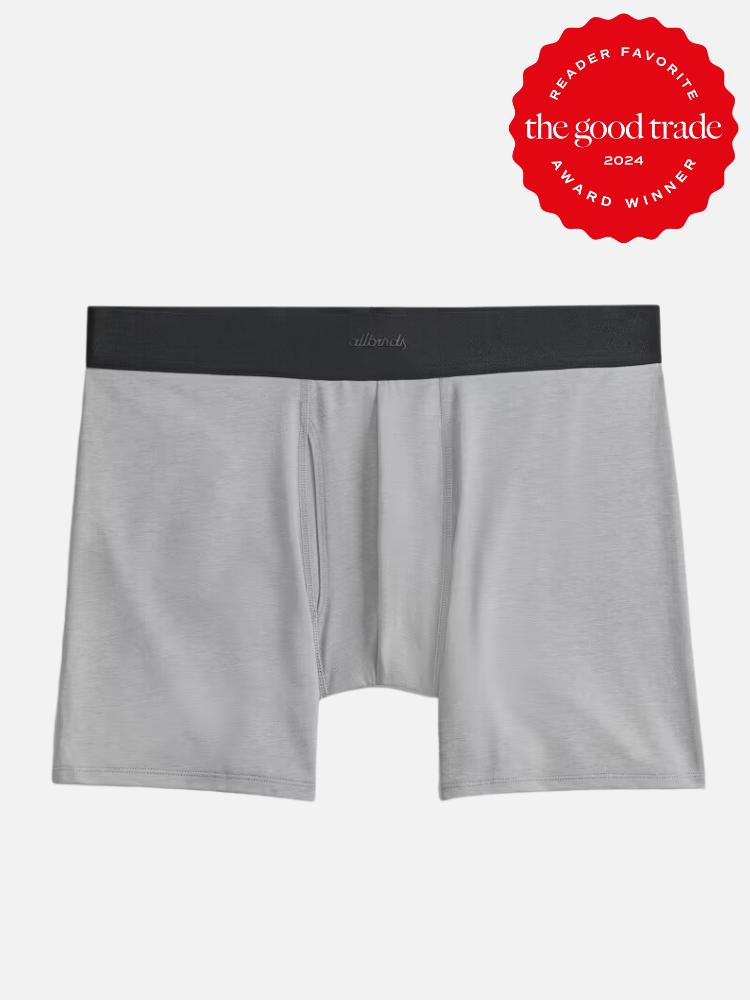 A studio shot of a pair of grey Allbirds boxers. The TGT 2024 Award Winner Badge is on the right corner of the image.