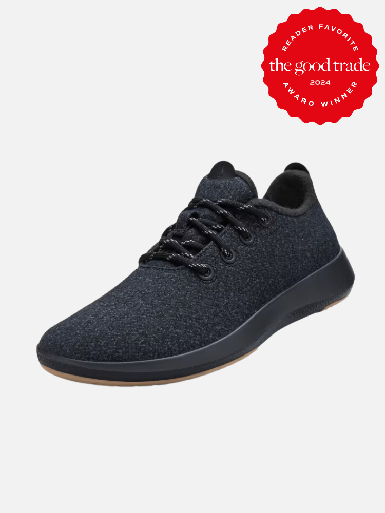 A black Allbirds running shoe. The TGT 2024 Award Winner Badge is on the right corner of the image. 