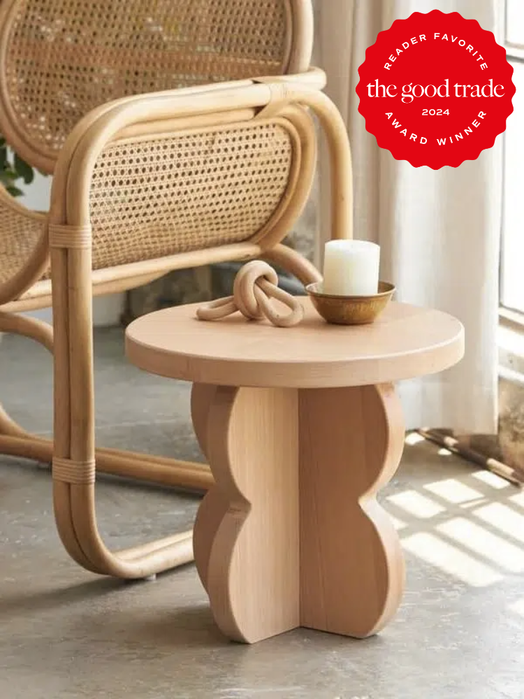 A wooden side table from Avocado. The TGT 2024 Award Winner Badge is on the right corner of the image. 