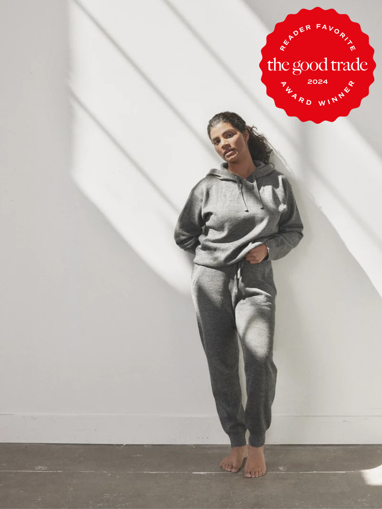 A model wearing an Avocado jogger set. The TGT 2024 Award Winner Badge is on the right corner of the image. 