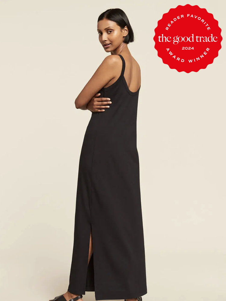 A model wears a black slip dress from Boody. The TGT 2024 Award Winner Badge is on the right corner of the image. 