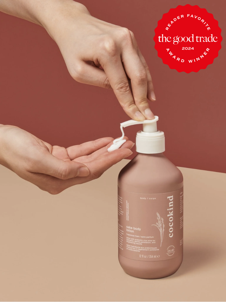 cocokind body lotion being pumped into a hand. The TGT 2024 Award Winner Badge is on the right corner of the image. 