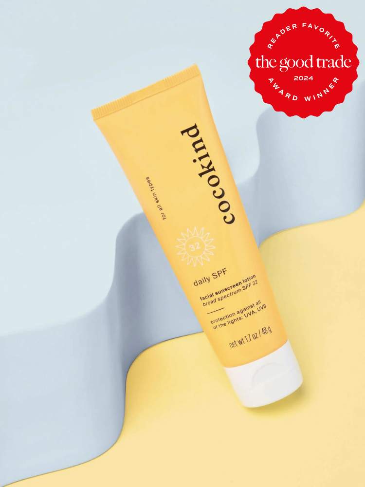 A bottle of cocokind's daily spf sunscreen. The TGT 2024 Award Winner Badge is on the right corner of the image. 