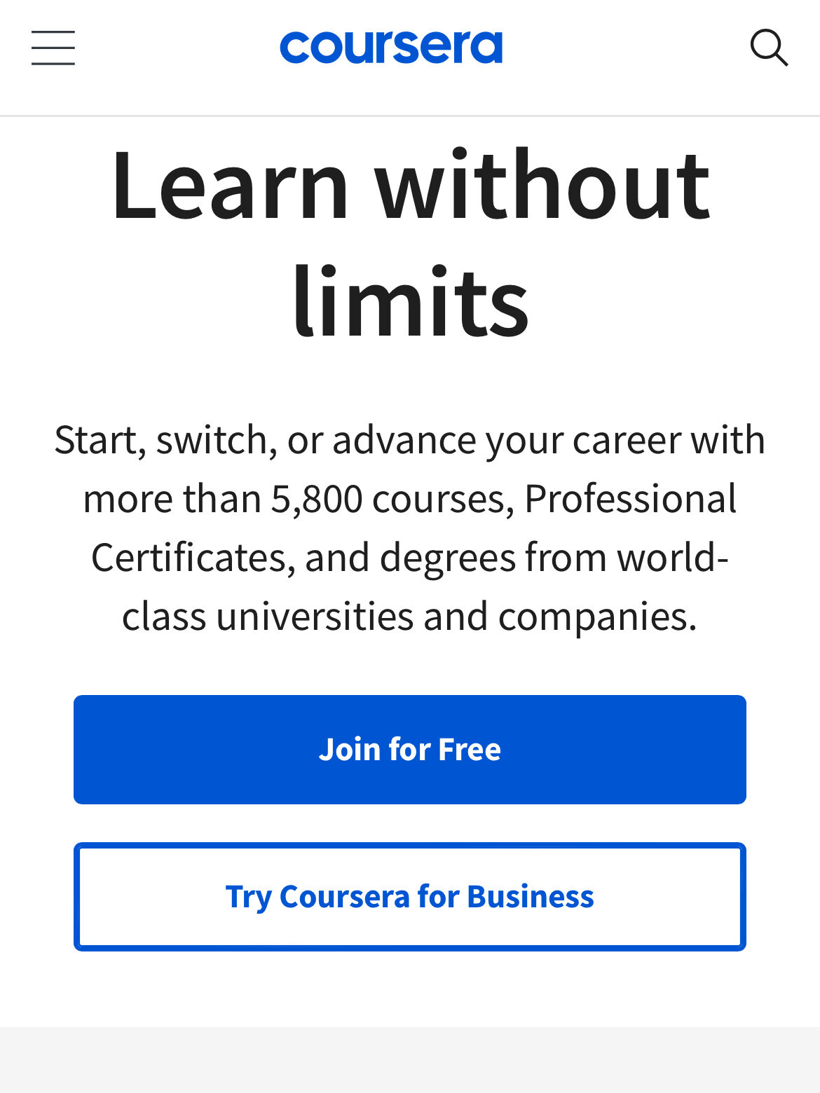A screenshot of the Coursera website.