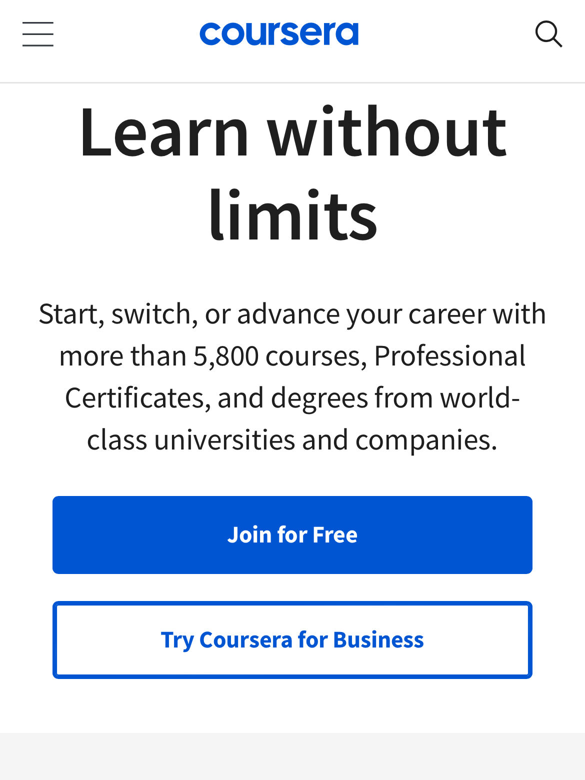 A screenshot of the Coursera website. 