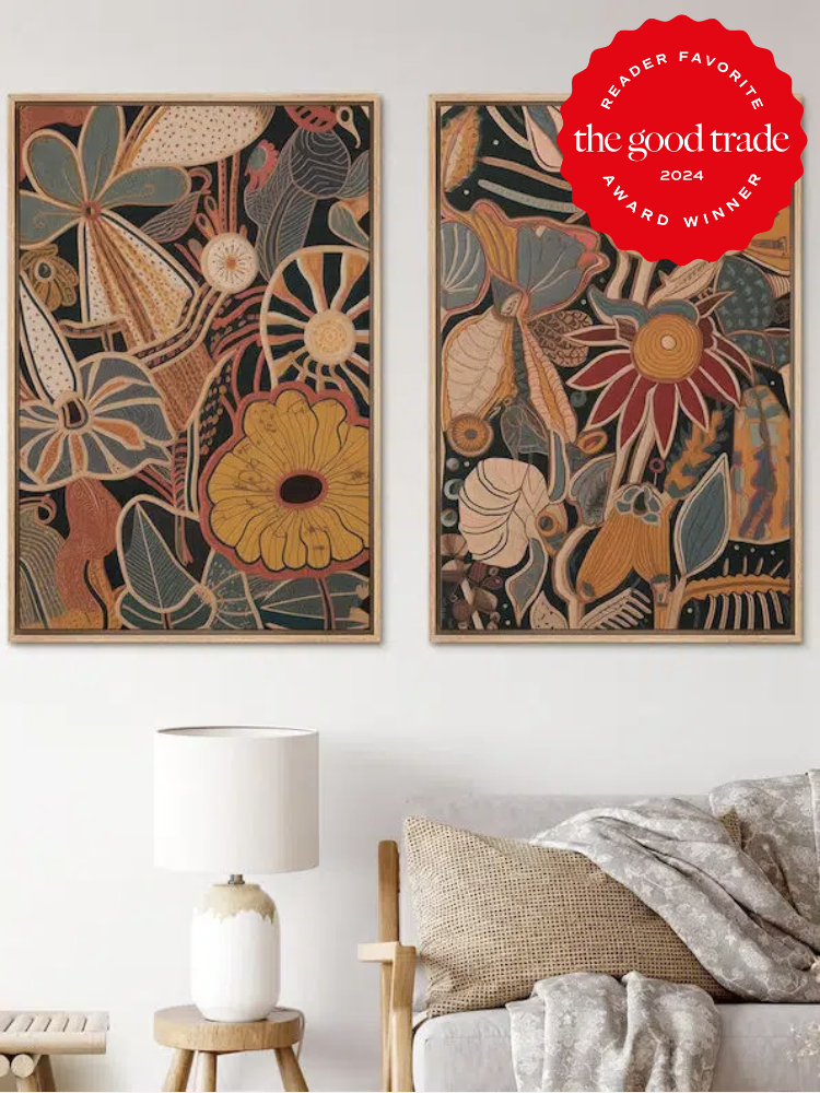 Two framed images of retro looking flower patterns in orange, teal, red, black and yellow. Found on Etsy. The TGT 2024 Award Winner Badge is on the right corner of the image. 