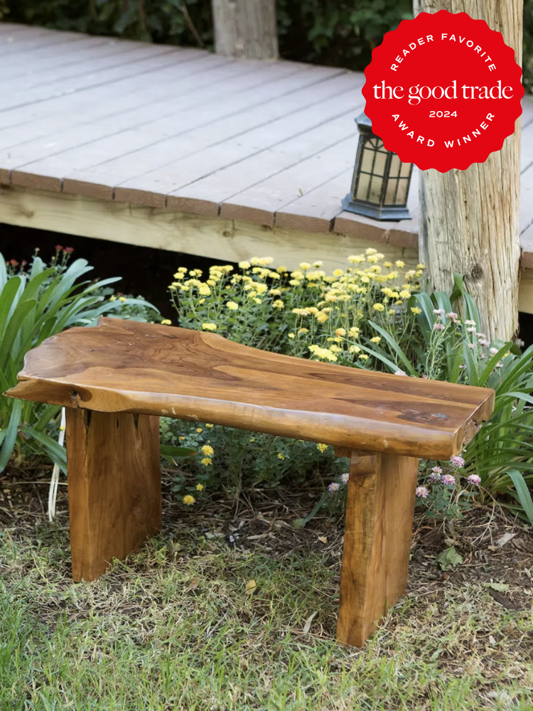A wooden outdor bench from Etsy. The TGT 2024 Award Winner Badge is on the right corner of the image. 