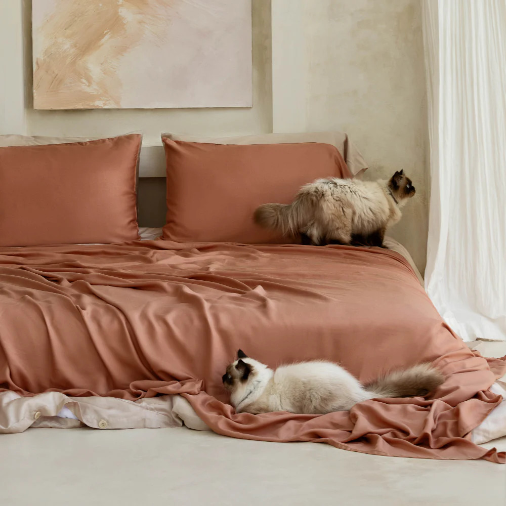 Dusty red bamboo bed sheets from ettitude on a bed, with two cats walking and laying upon them.