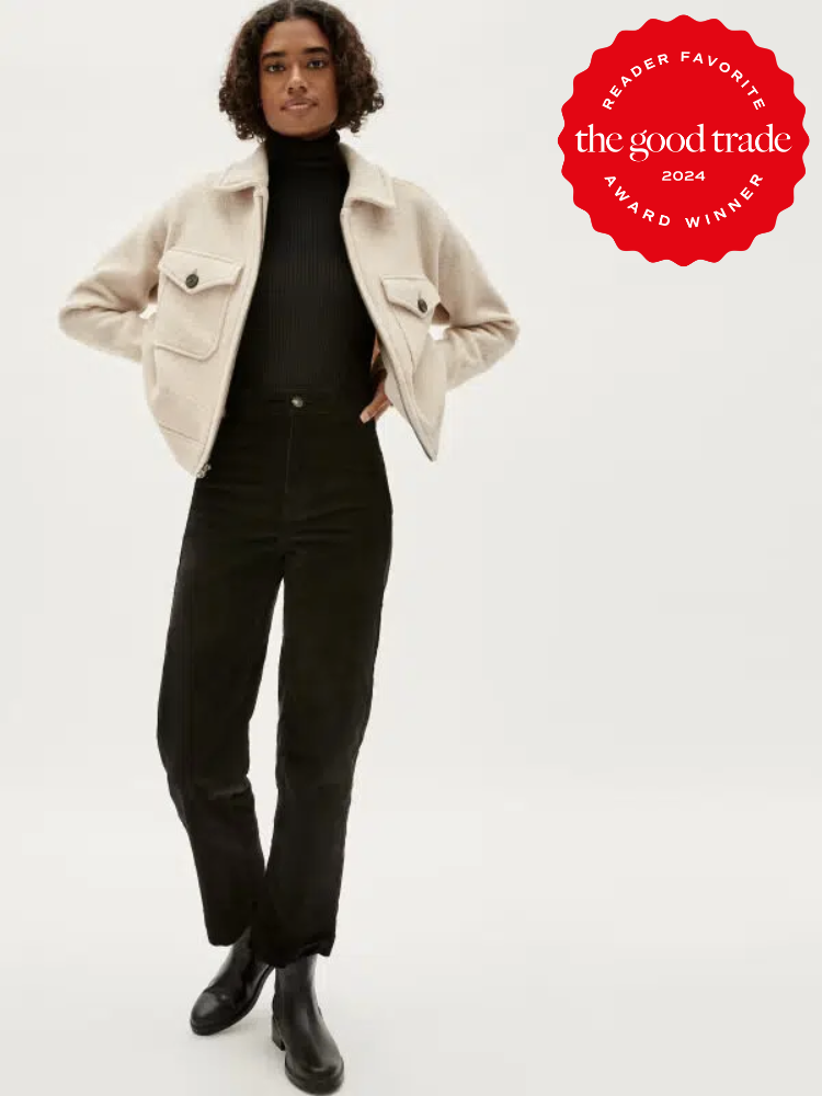 A model wearing Everlane corduroy pants. The TGT 2024 Award Winner Badge is on the right corner of the image. 