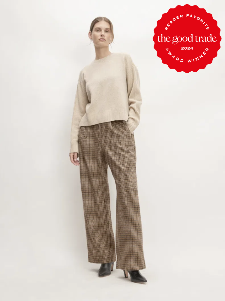 A model wearing Everlane fall clothing. The TGT 2024 Award Winner Badge is on the right corner of the image. 
