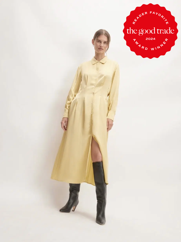 A model wearing sustainable knee high boots from Everlane. The TGT 2024 Award Winner Badge is on the right corner of the image. 