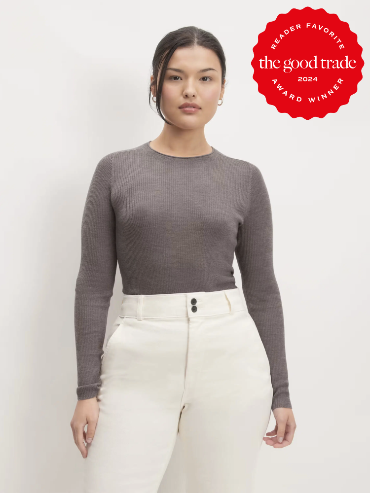 A model wearing a grey Ultrafine Ribbed Crew by Everlane. The TGT 2024 Award Winner Badge is on the right corner of the image.