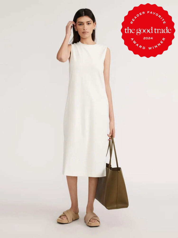 A model wearing an Everlane work dress. The TGT 2024 Award Winner Badge is on the right corner of the image. 