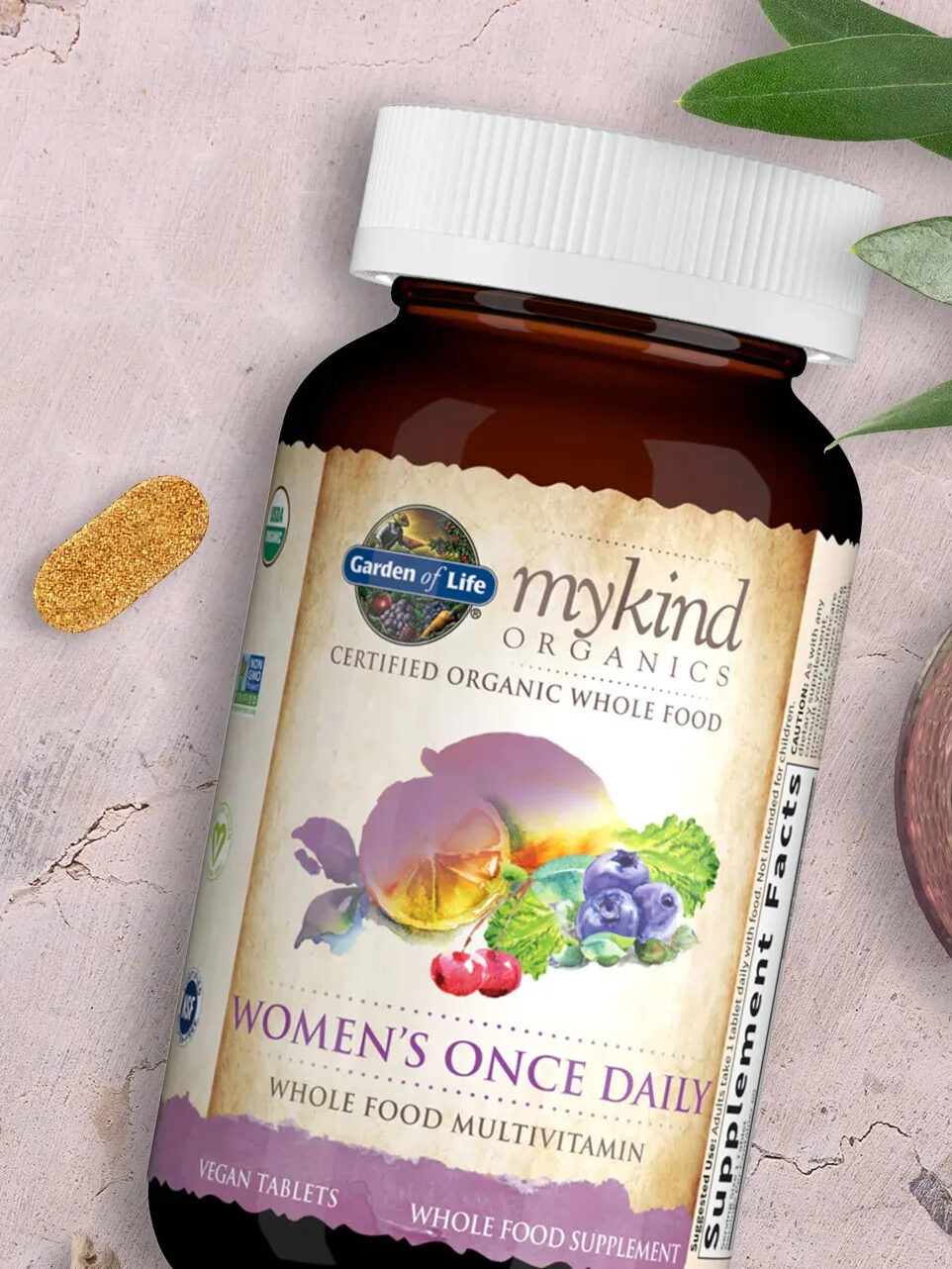A bottle of Garden of Life mykind Organics Women's Once Daily Multivitamins.