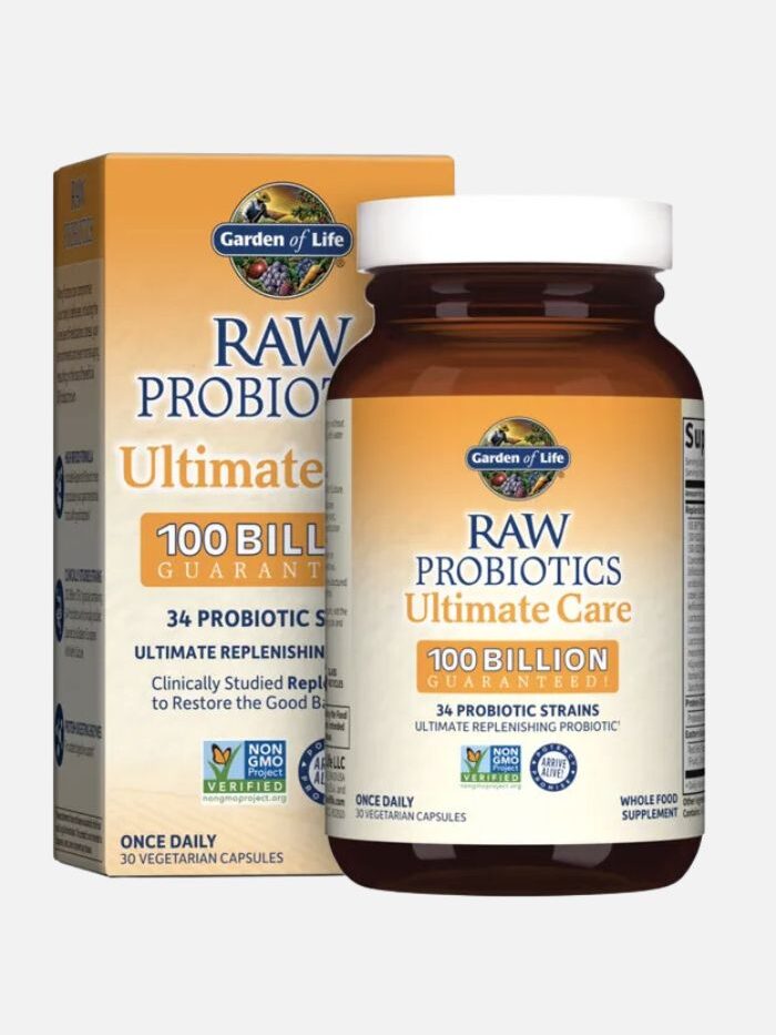 A bottle of Garden of Life Ultimate Care Probiotics. 