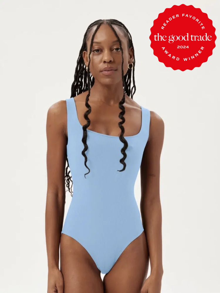 A model wearing Girlfriend Collective shapewear. The TGT 2024 Award Winner Badge is on the right corner of the image.