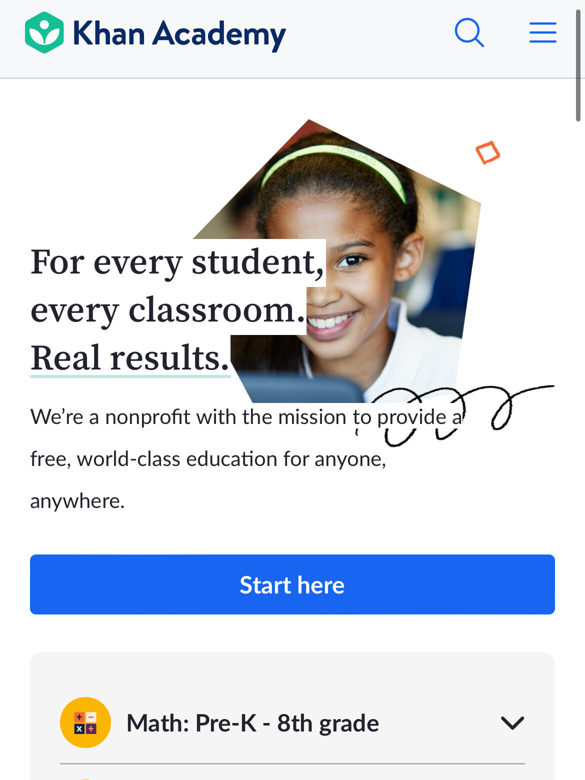 A screenshot of the Khan Academy website. 