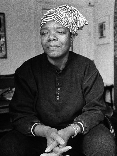 A black and white portrait of Maya Angelou.