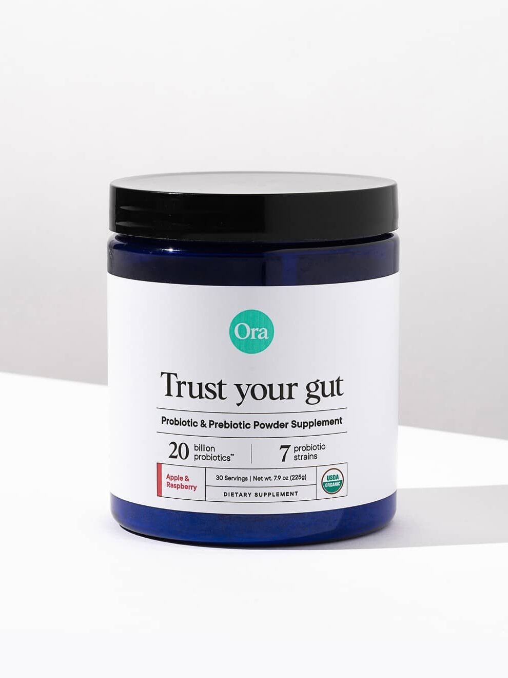 A container of Ora Trust Your Gut probiotics.