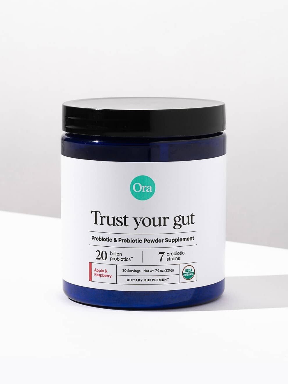 A container of Ora Trust Your Gut probiotics. 