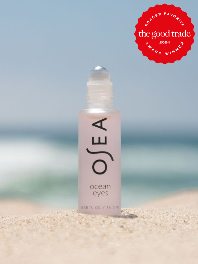 OSEA ocean eyes serum on a beach. The TGT 2024 Award Winner Badge is on the right corner of the image. 