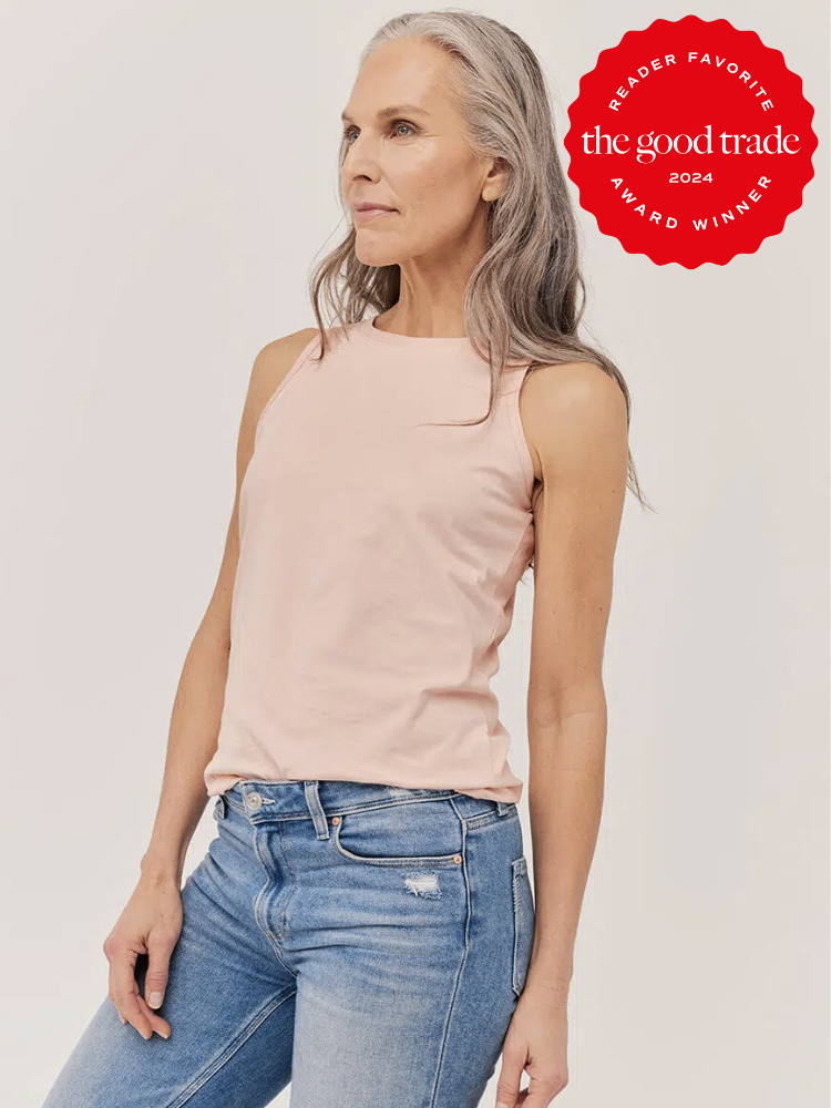 A model wearing a pink tank from Pact. The TGT 2024 Award Winner Badge is on the right corner of the image.