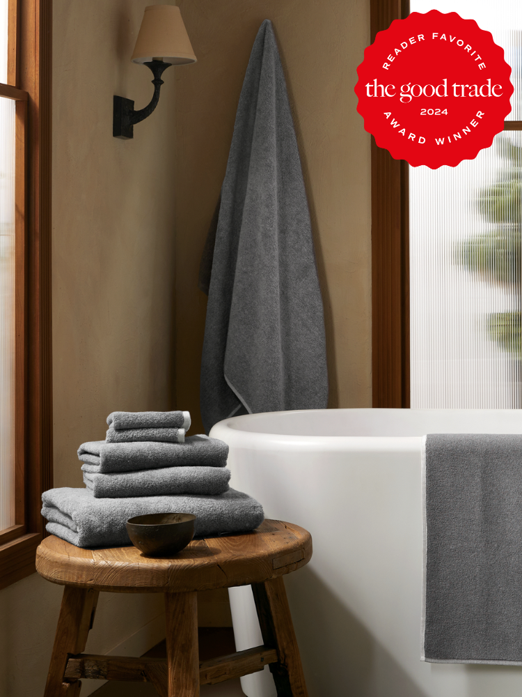 Parachute towels, displayed and hung throughout a bathrom. The TGT 2024 Award Winner Badge is on the right corner of the image. 