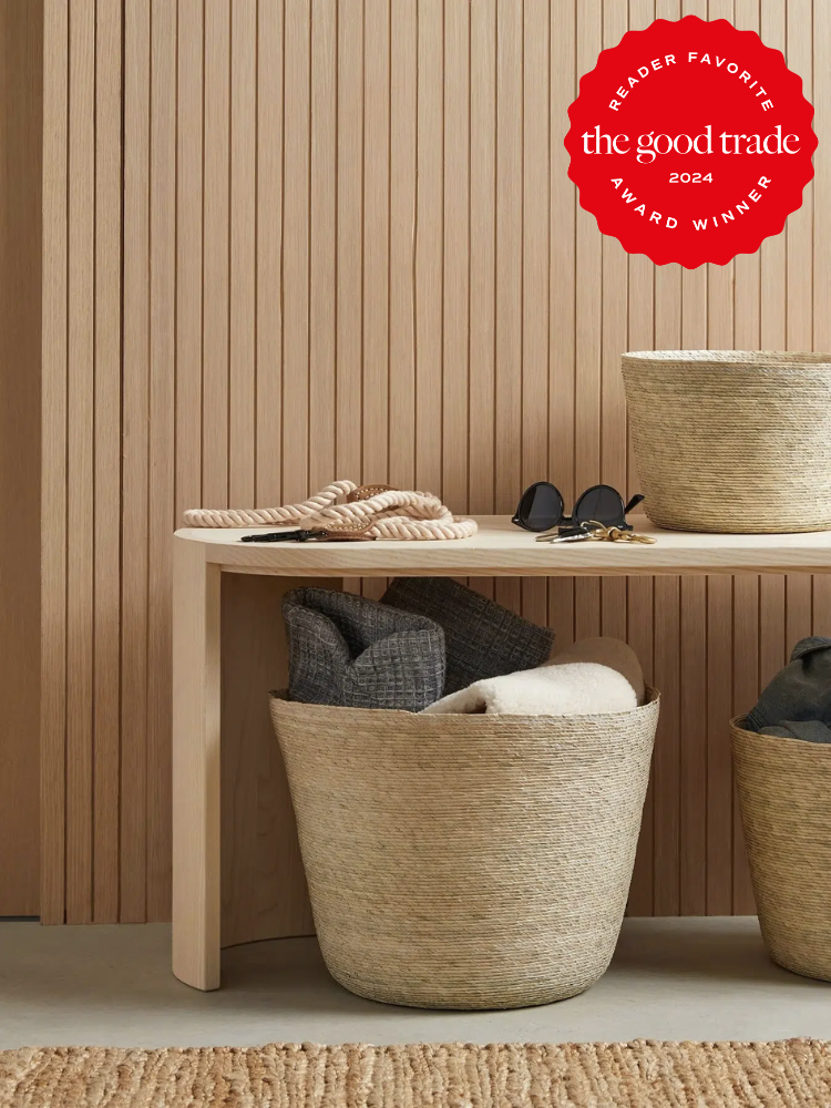 Parachute woven storage baskets under a table. The TGT 2024 Award Winner Badge is on the right corner of the image. 