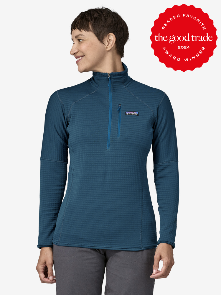 A model wearing Patagonia sustainable activewear. The TGT 2024 Award Winner Badge is on the right corner of the image. 