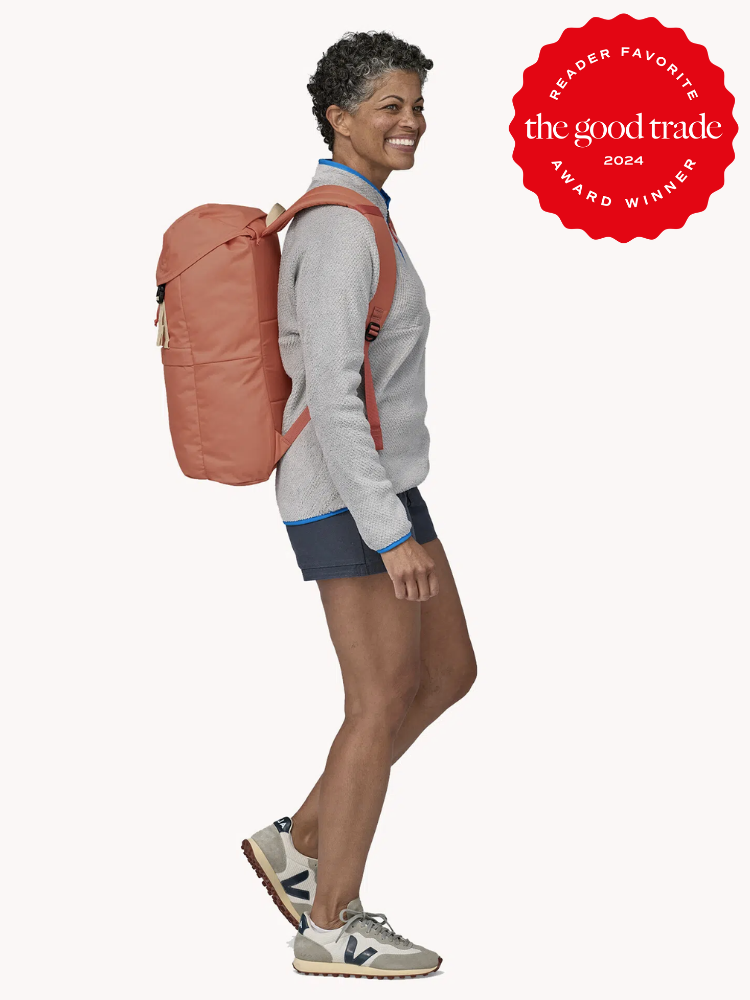 A model wearing a Patagonia backpack. 