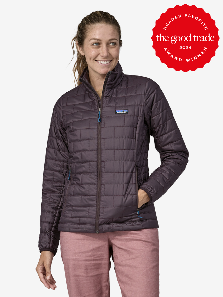 A model wearing a dark purple Patagonia puffer jacket. The TGT 2024 Award Winner Badge is on the right corner of the image.