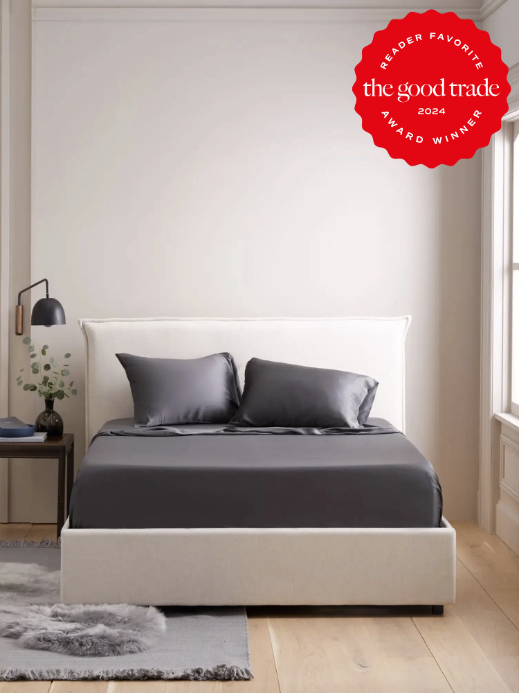 Grey silk bed sheets from Quince. The TGT 2024 Award Winner Badge is on the right corner of the image. 
