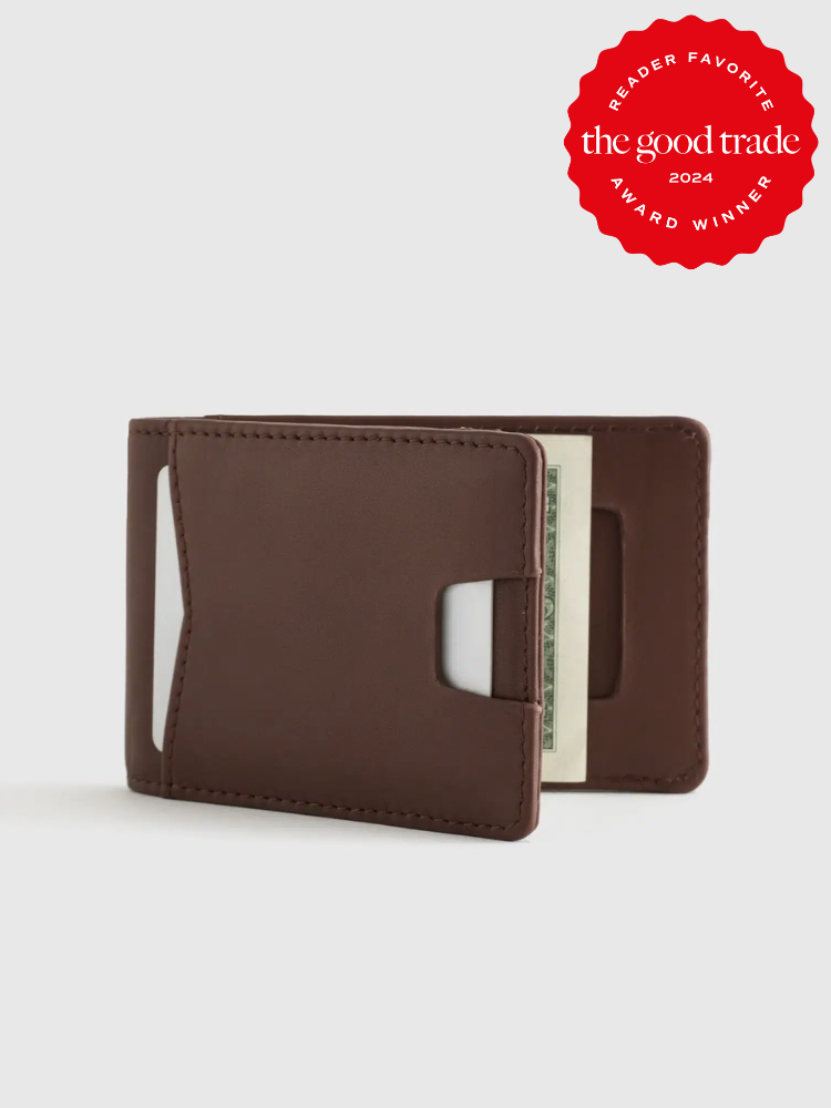 A brown wallet from Quince. The TGT 2024 Award Winner Badge is on the right corner of the image.