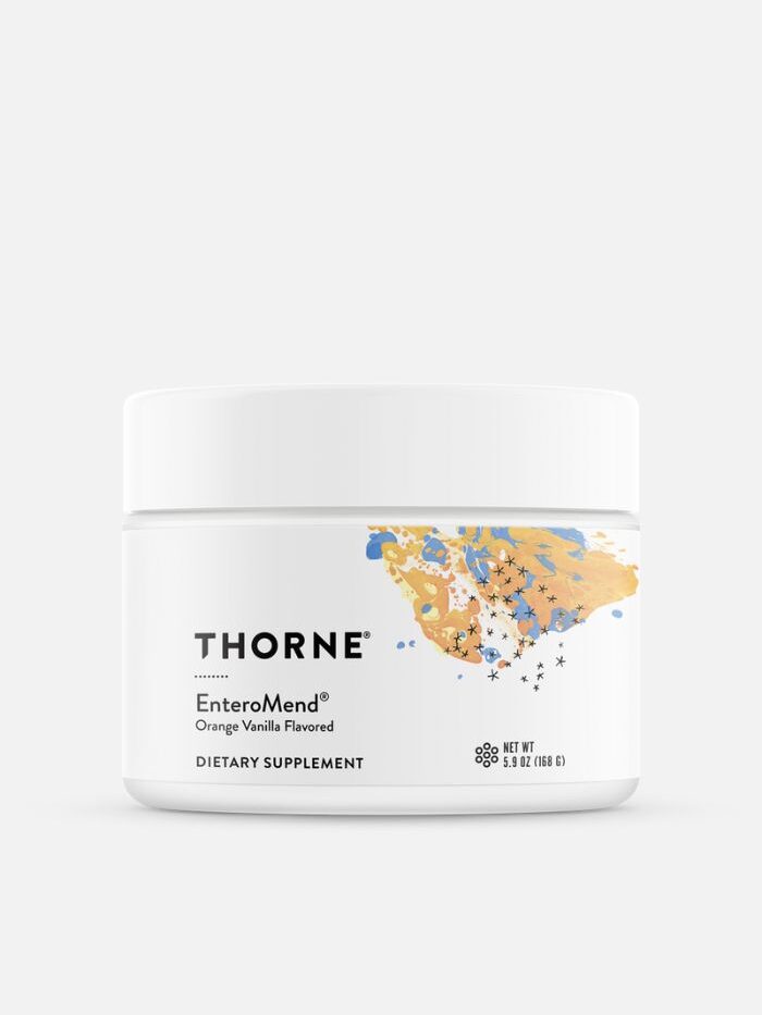 A container of Thorne EnteroMend probiotic. 