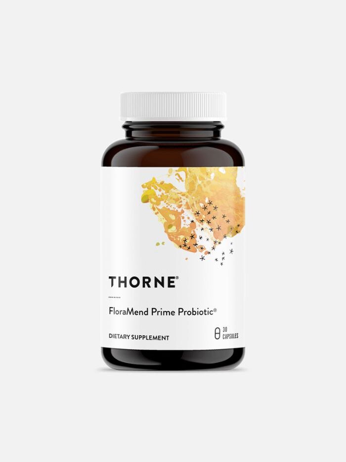 A bottle of Thorne FloraMend Prime Probiotic.