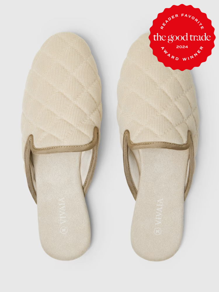 Ivory quilted slipper mules from VIVAIA. The TGT 2024 Award Winner Badge is on the right corner of the image. 
