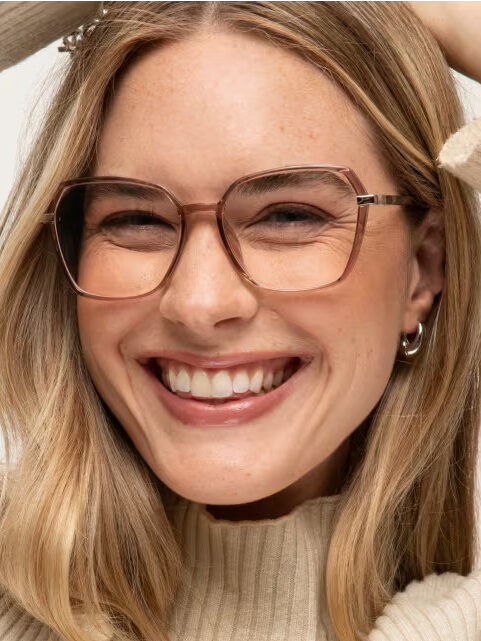 Close up of a model wearing Zenni prescription glasses.