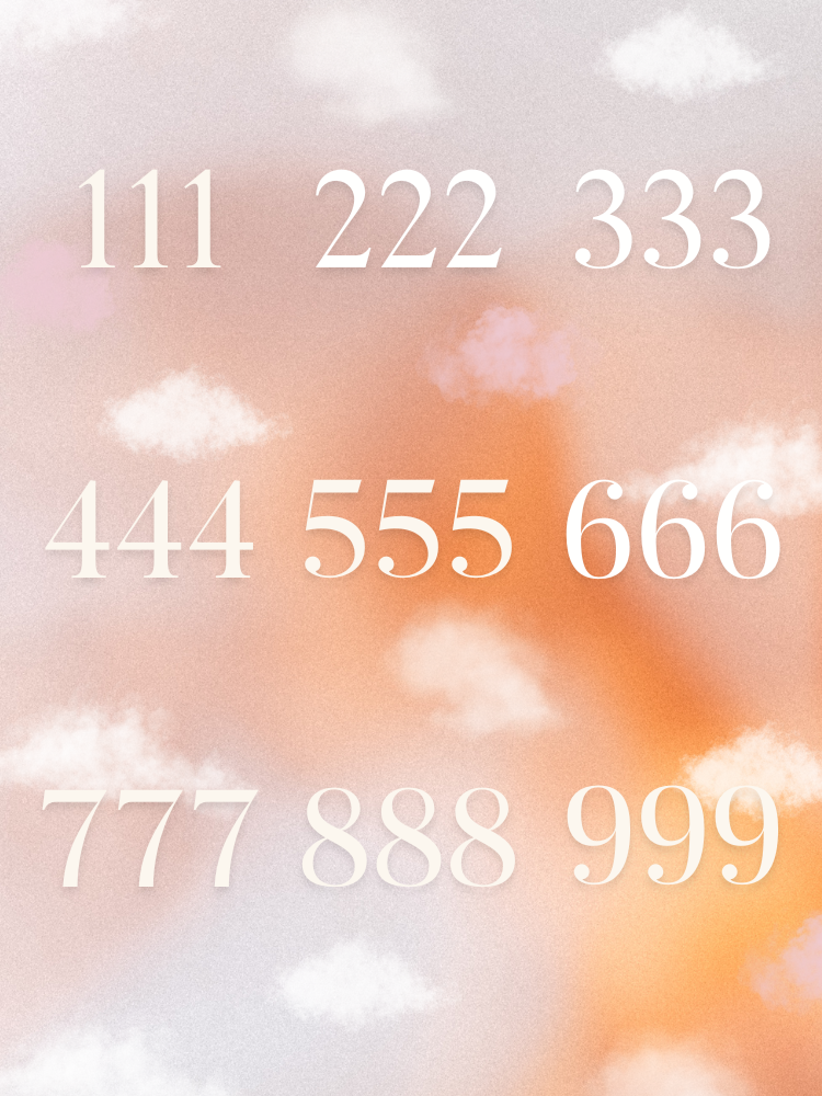 A graphic of a pink, white, and lavender gradient background with cloud motifs throughout and angel numbers from 111-999 written.