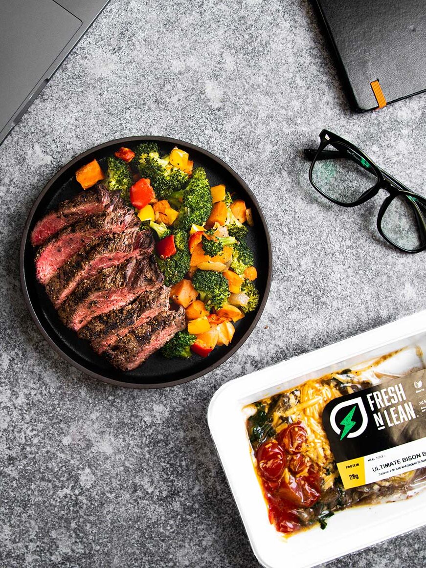 A bowl of sliced bison with veggies from a Fresh N Lean meal delivery kit.