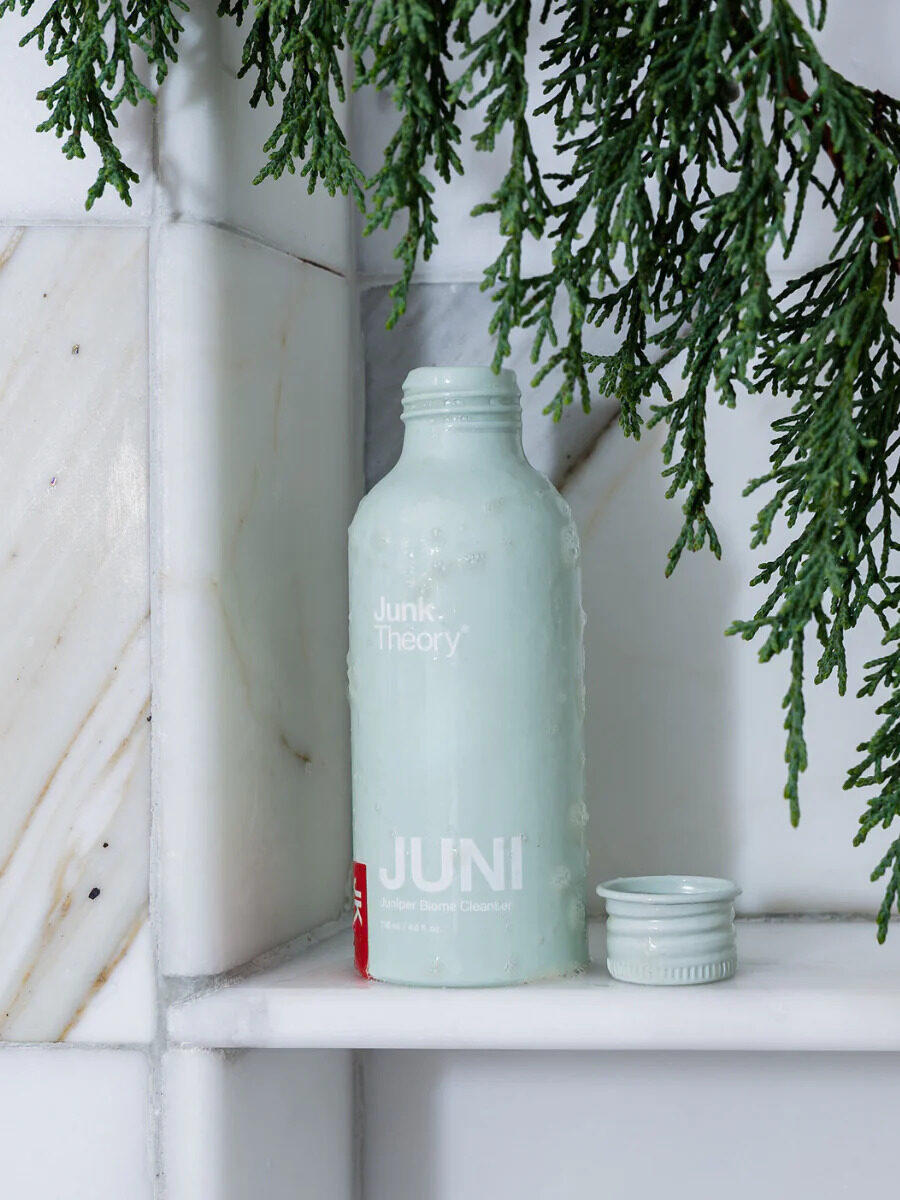 An open container of Junk Theory's cleanser on a shower shelf. 