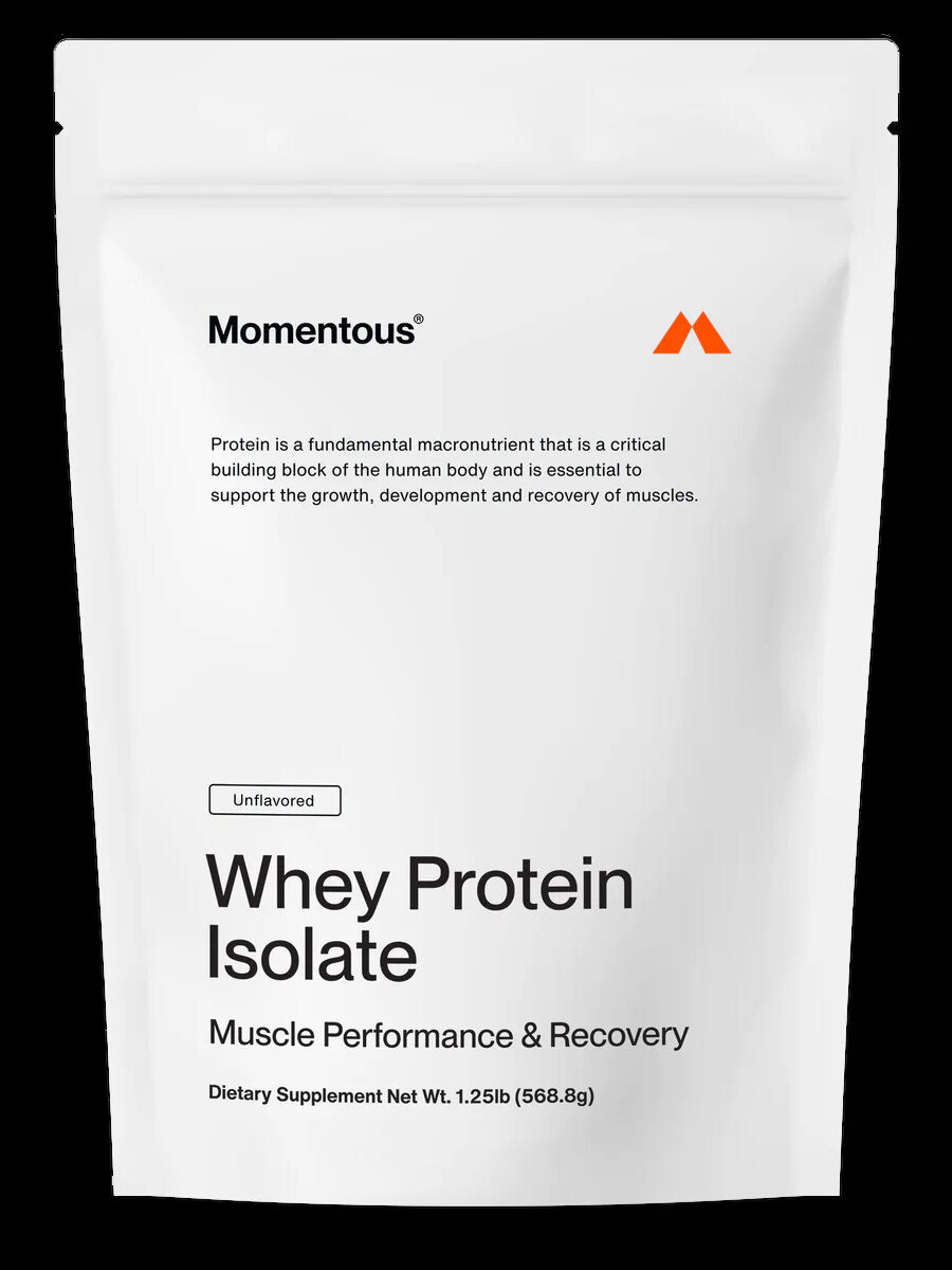 A packet of Momentous Unflavored Whey Protein Isolate.