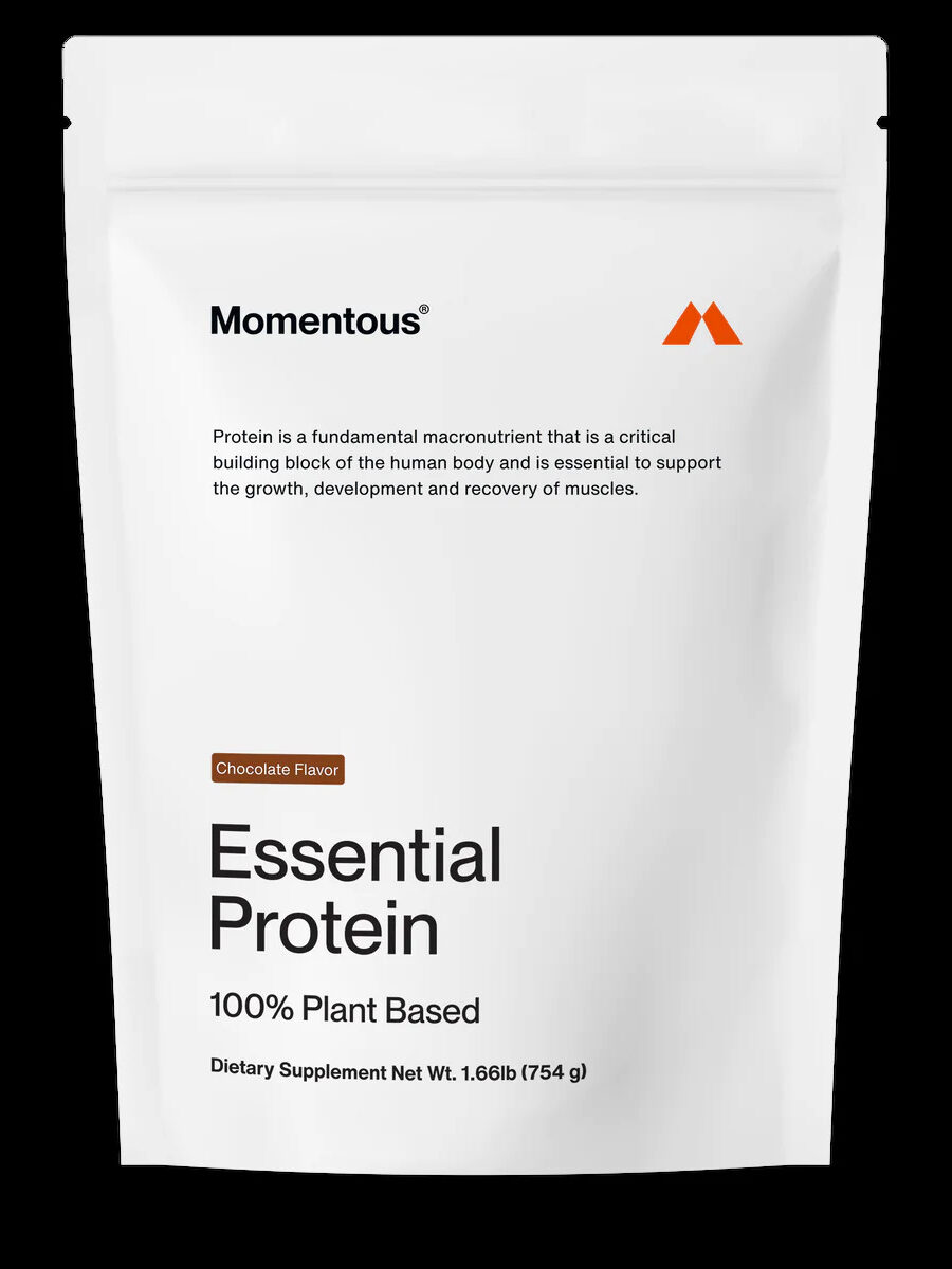 A packet of Momentous Chocolate Plant-Based Essential Protein.