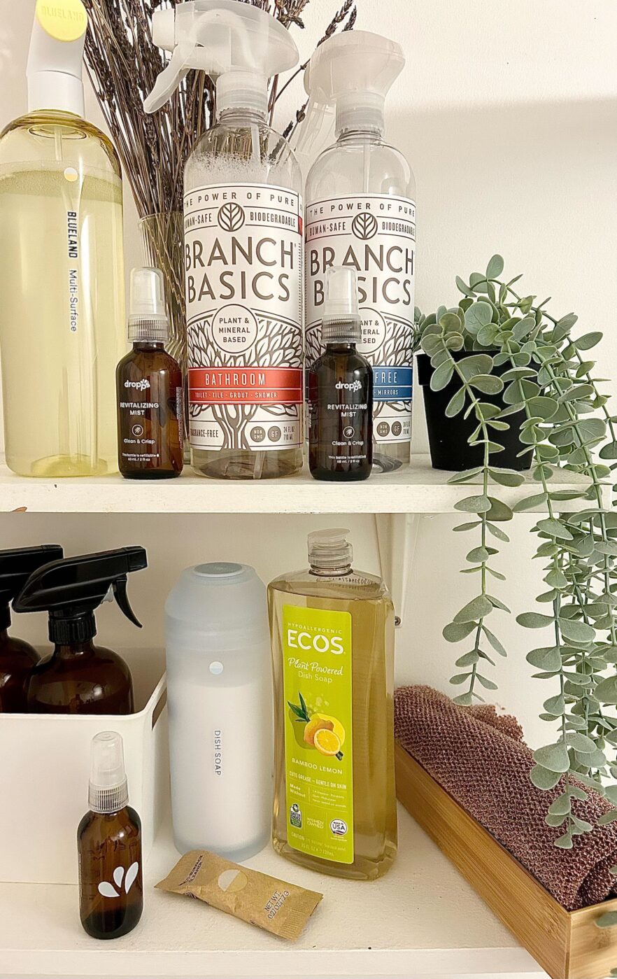 A collection of nontoxic cleaning products, arranged on two stacked shelves.