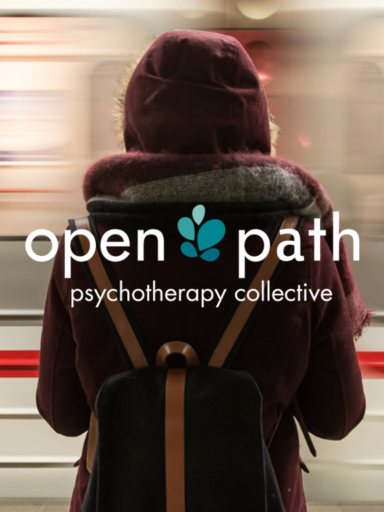 An open path logo with a woman walking on a train.