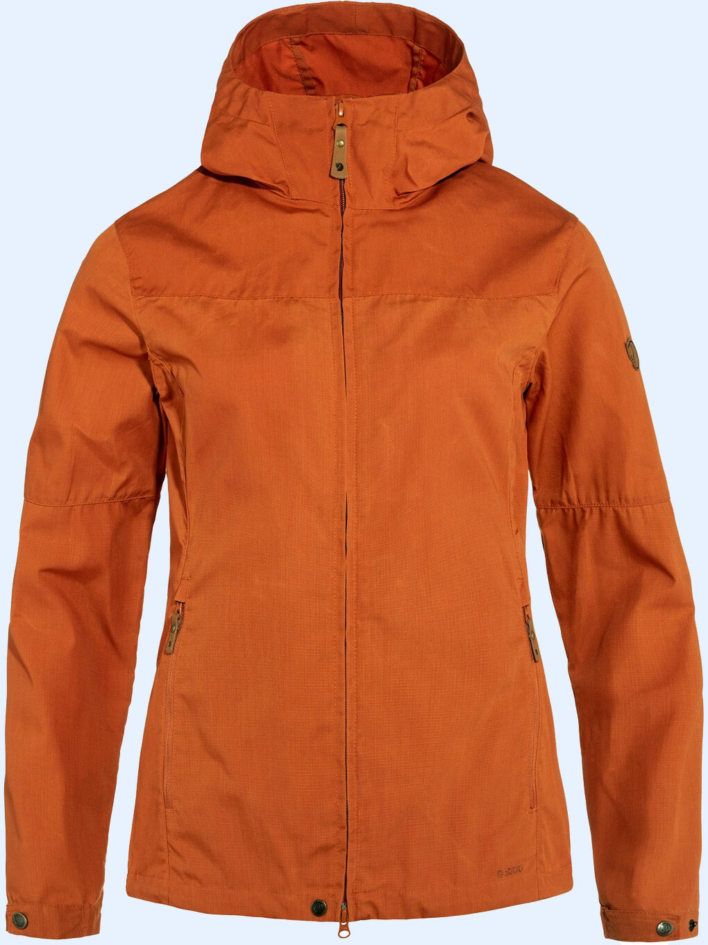 A women's orange jacket with hood.