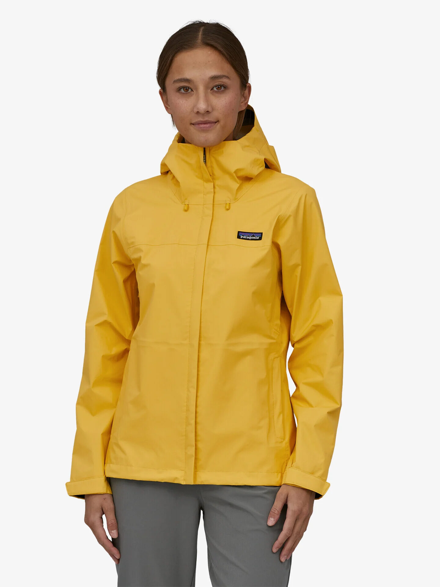 Patagonia women's rain jacket in yellow.