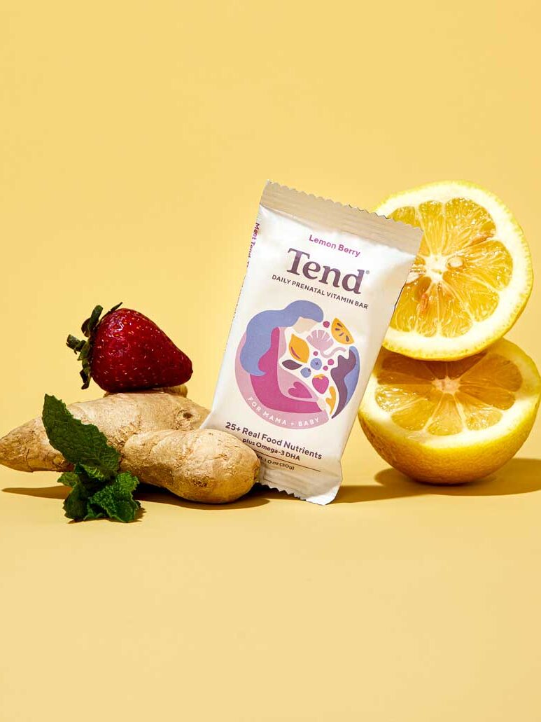 A packet of tend with lemons, ginger, and strawberries.