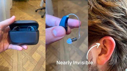 Compact hearing aid showcased in a charging case, being held, and worn discreetly in the ear.